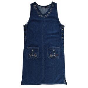 Vintage Denim Jumper Dress M Medium Embroidered Floral Modest Boxy 90s MPH Jean